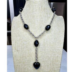 Rare Estelle Danan Sterling Black Onyx Heart Drop Necklace Dyed Agate 16” + 3”